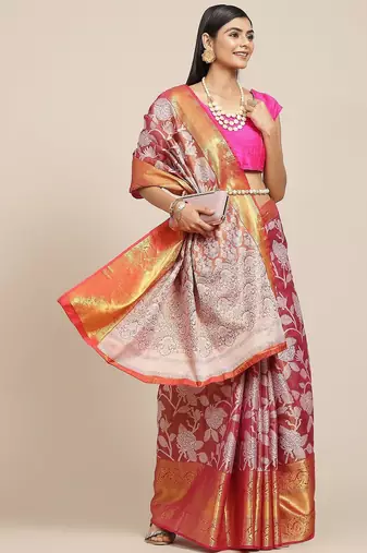 Pink woven tissue party wear saree with blouse piece