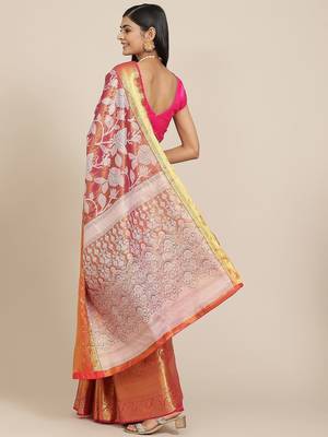 Pink woven tissue party wear saree with blouse piece 3