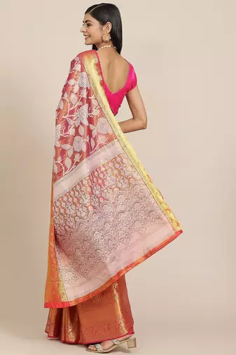 Pink woven tissue party wear saree with blouse piece