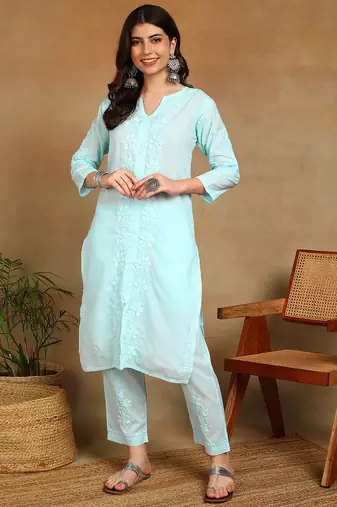 Women sky blue ethnic motifs embroidered cotton chikankari kurta set with palazzo