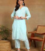 Women sky blue ethnic motifs embroidered cotton chikankari kurta set with palazzo