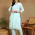 Women sky blue ethnic motifs embroidered cotton chikankari kurta set with palazzo