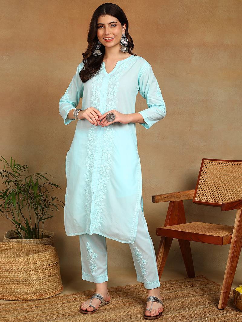 Women sky blue ethnic motifs embroidered cotton chikankari kurta set with palazzo