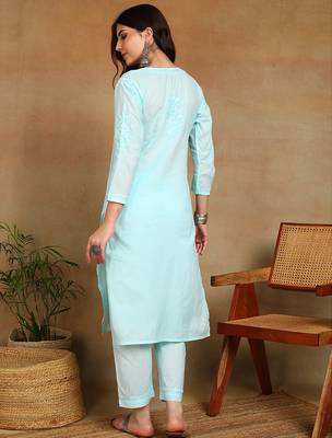 Women sky blue ethnic motifs embroidered cotton chikankari kurta set with palazzo 2