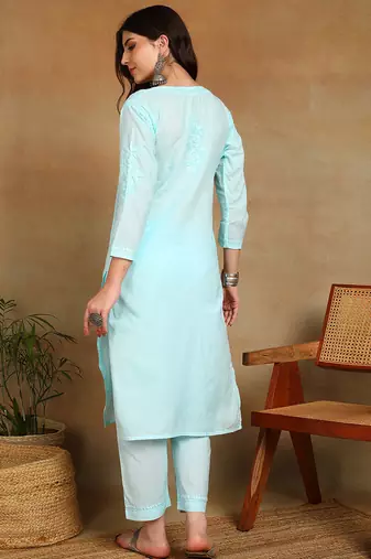 Women sky blue ethnic motifs embroidered cotton chikankari kurta set with palazzo