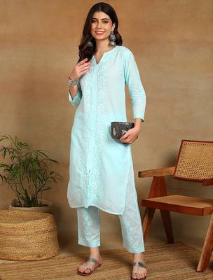 Women sky blue ethnic motifs embroidered cotton chikankari kurta set with palazzo 3