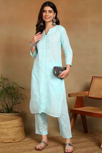 Women sky blue ethnic motifs embroidered cotton chikankari kurta set with palazzo