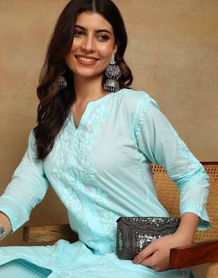 Women sky blue ethnic motifs embroidered cotton chikankari kurta set with palazzo 4