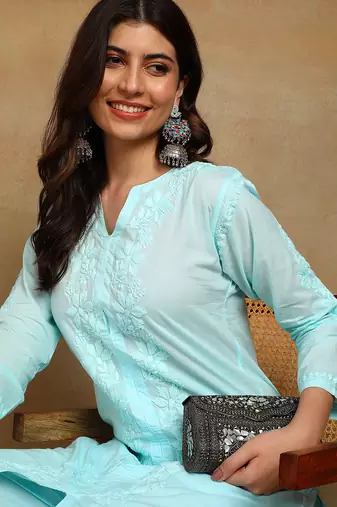 Women sky blue ethnic motifs embroidered cotton chikankari kurta set with palazzo