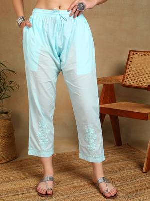 Women sky blue ethnic motifs embroidered cotton chikankari kurta set with palazzo 5