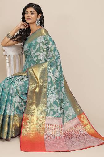 Teal floral printed tissue party wear saree with blouse piece