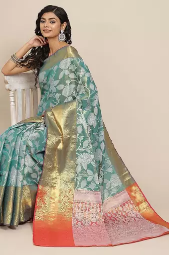 Teal floral printed tissue party wear saree with blouse piece