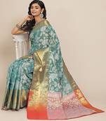 Teal floral printed tissue party wear saree with blouse piece