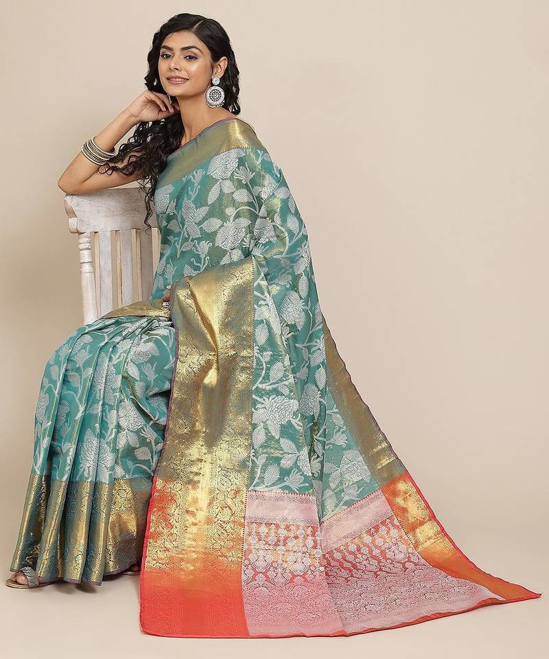 Teal floral printed tissue party wear saree with blouse piece