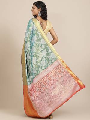 Teal floral printed tissue party wear saree with blouse piece 2