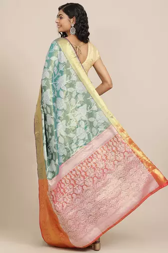 Teal floral printed tissue party wear saree with blouse piece