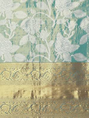 Teal floral printed tissue party wear saree with blouse piece 3