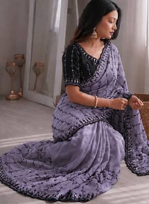 Stunning purple viscose rangoli silk saree with black embroidery and mirror work 5