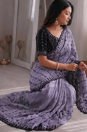 Stunning purple viscose rangoli silk saree with black embroidery and mirror work