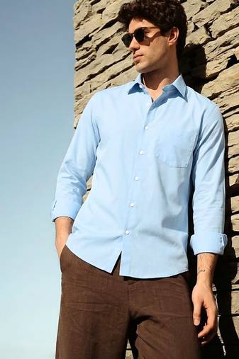 Solid blue cotton shirt for men