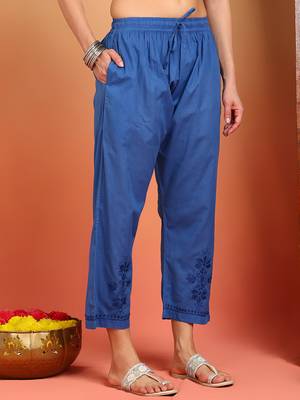 Women dark blue ethnic motifs embroidered cotton floral chikankari ombre kurta set with palazzo 5