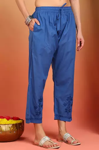 Women dark blue ethnic motifs embroidered cotton floral chikankari ombre kurta set with palazzo
