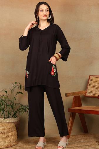 Women dark brown floral aari embroidered pockets rayon kurta & palazzo set