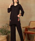 Women dark brown floral aari embroidered pockets rayon kurta & palazzo set