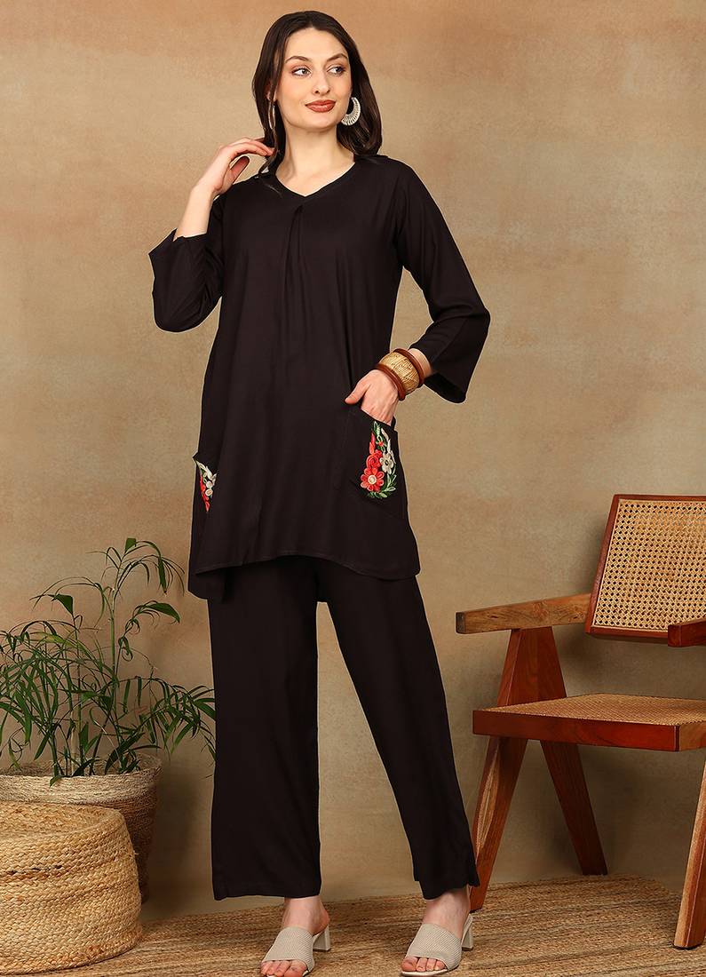 Women dark brown floral aari embroidered pockets rayon kurta & palazzo set