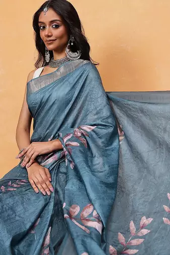 Teal woven silk blend ethnic saree with blouse piece