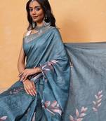Teal woven silk blend ethnic saree with blouse piece