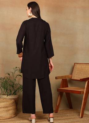 Women dark brown floral aari embroidered pockets rayon kurta & palazzo set 2