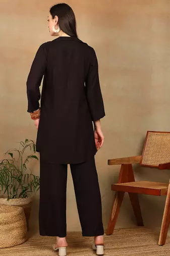 Women dark brown floral aari embroidered pockets rayon kurta & palazzo set