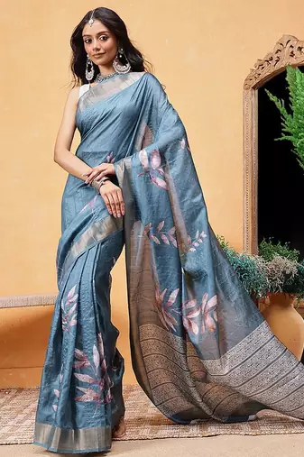 Teal woven silk blend ethnic saree with blouse piece