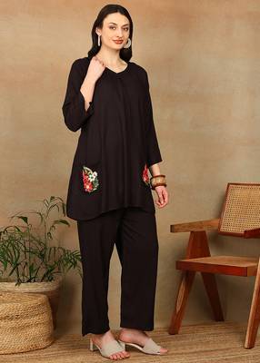 Women dark brown floral aari embroidered pockets rayon kurta & palazzo set 3