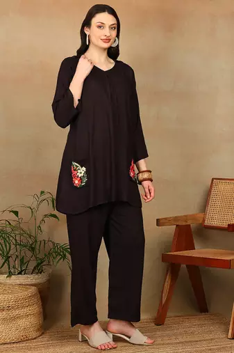 Women dark brown floral aari embroidered pockets rayon kurta & palazzo set