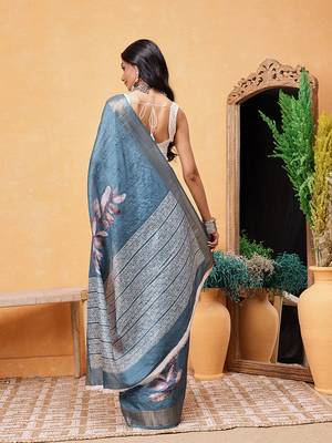 Teal woven silk blend ethnic saree with blouse piece 3