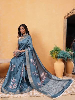 Teal woven silk blend ethnic saree with blouse piece 4