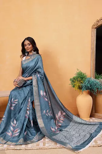 Teal woven silk blend ethnic saree with blouse piece