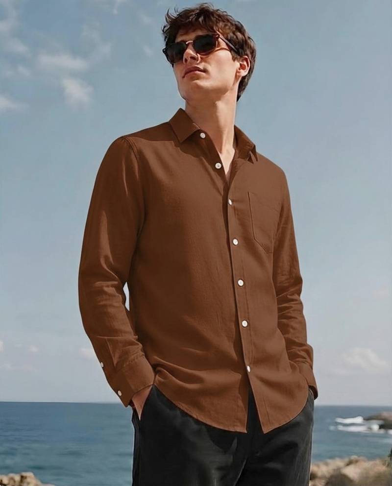 Men's chocolate brown solid cotton shirt