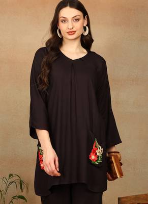 Women dark brown floral aari embroidered pockets rayon kurta & palazzo set 4