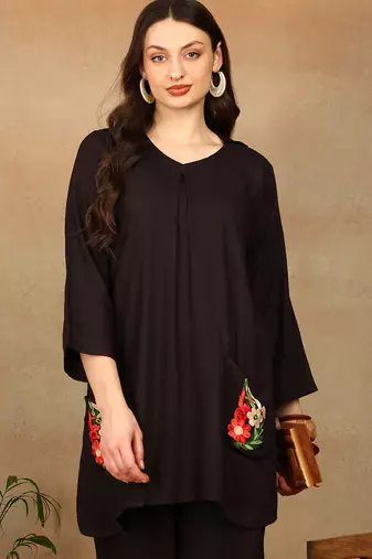 Women dark brown floral aari embroidered pockets rayon kurta & palazzo set