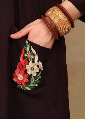 Women dark brown floral aari embroidered pockets rayon kurta & palazzo set 5