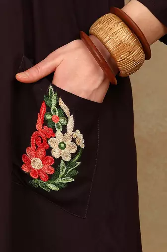 Women dark brown floral aari embroidered pockets rayon kurta & palazzo set