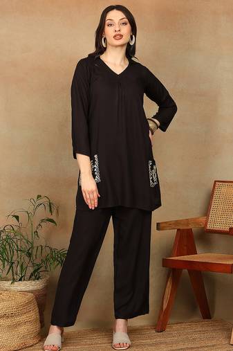 Women dark brown ethnic motifs aari embroidered pockets rayon kurta & palazzo set