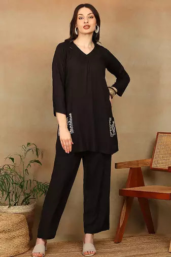 Women dark brown ethnic motifs aari embroidered pockets rayon kurta & palazzo set
