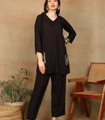 Women dark brown ethnic motifs aari embroidered pockets rayon kurta & palazzo set