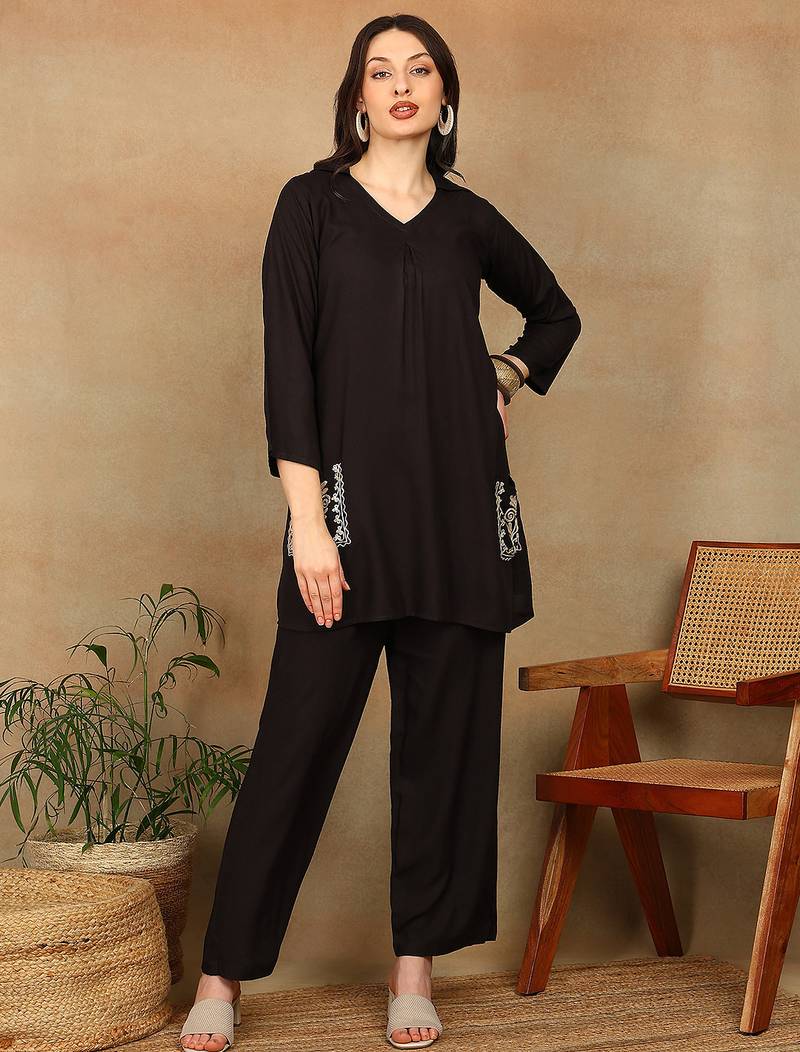 Women dark brown ethnic motifs aari embroidered pockets rayon kurta & palazzo set