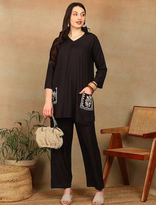 Women dark brown ethnic motifs aari embroidered pockets rayon kurta & palazzo set 2