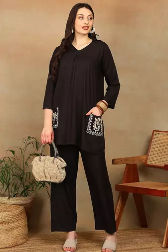Women dark brown ethnic motifs aari embroidered pockets rayon kurta & palazzo set
